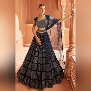 Velvet Black Cut Dana Embroidered Panelled Style Lehenga Choli